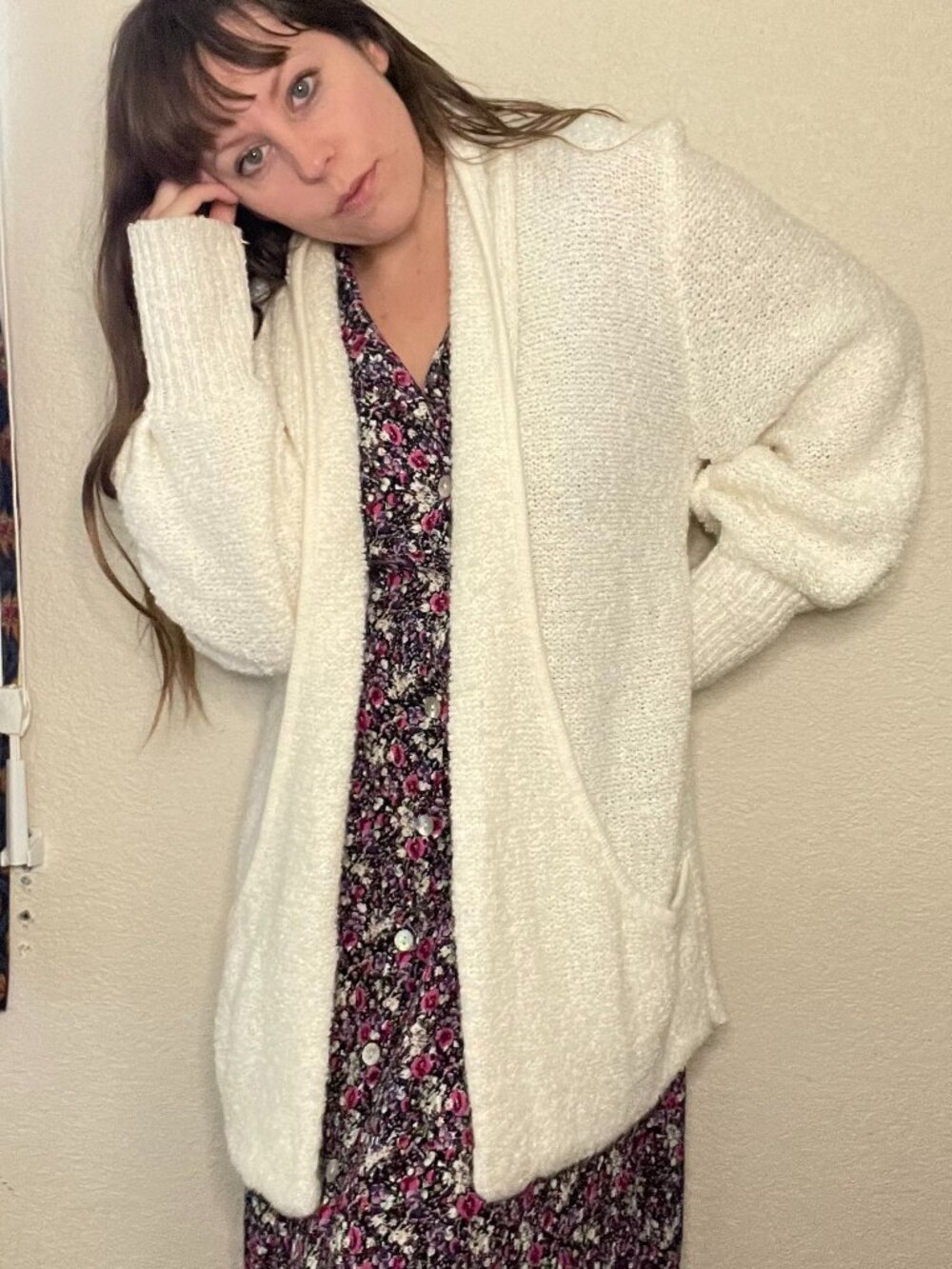 Vintage 80s White Chunky Knit Cardigan Slouchy Open Front Sweater | Size M-XL